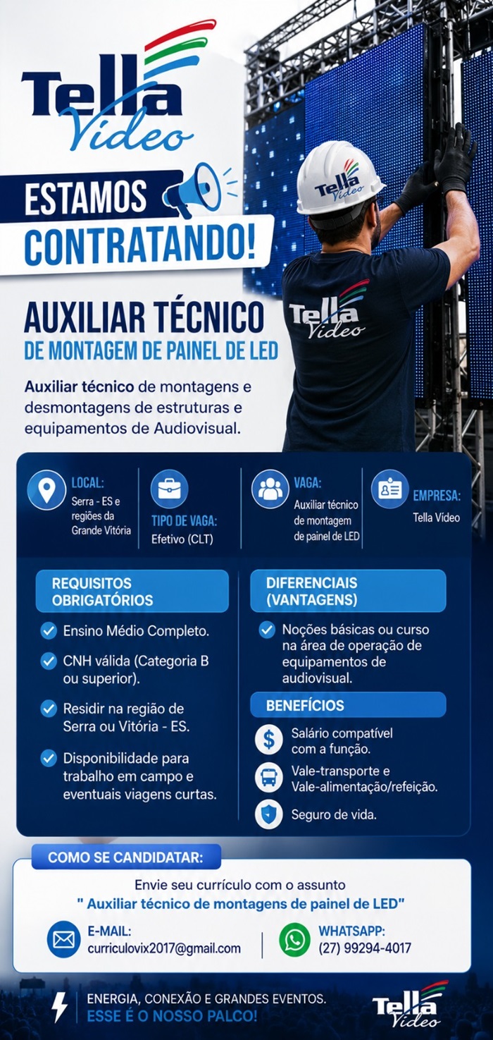 Tella Video contrata Auxiliar Técnico