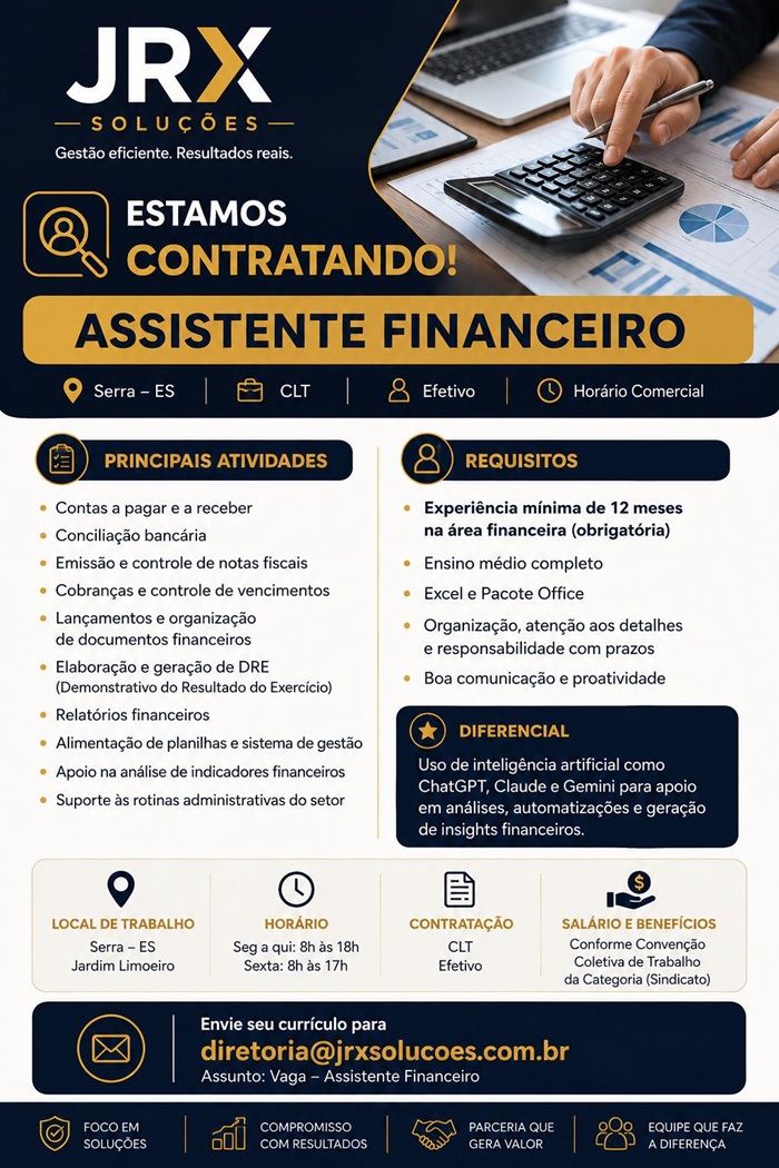JRX Soluções contrata Assistente Financeiro