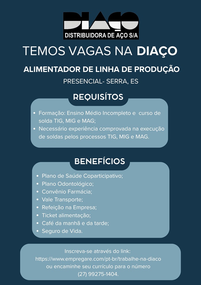 DIAÇO contrata Alimentador de Linha de Produção