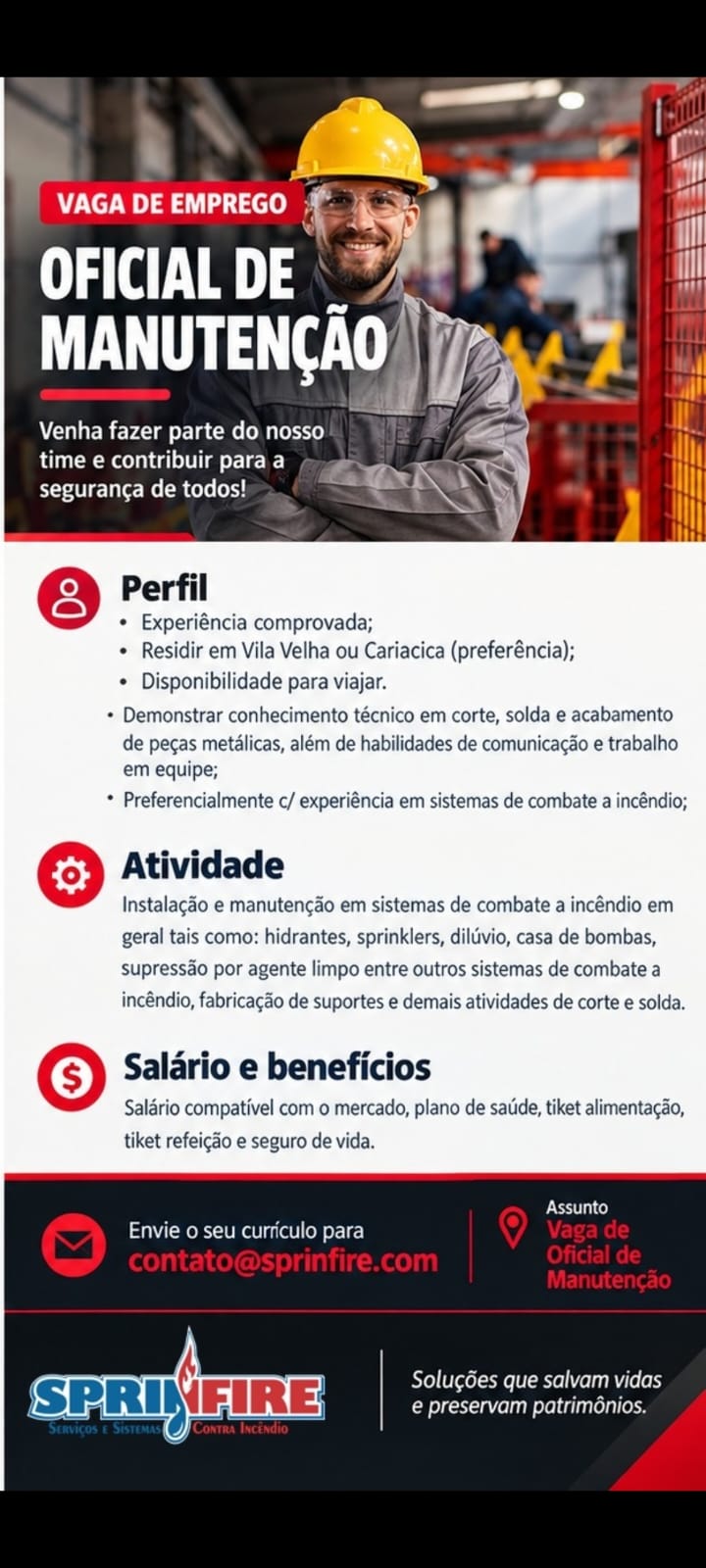 Sprinfire contrata Oficial de Manutenção