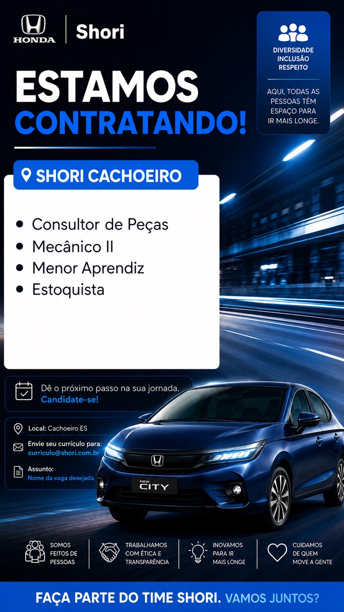 Honda Shori Cachoeiro abre vagas de Emprego