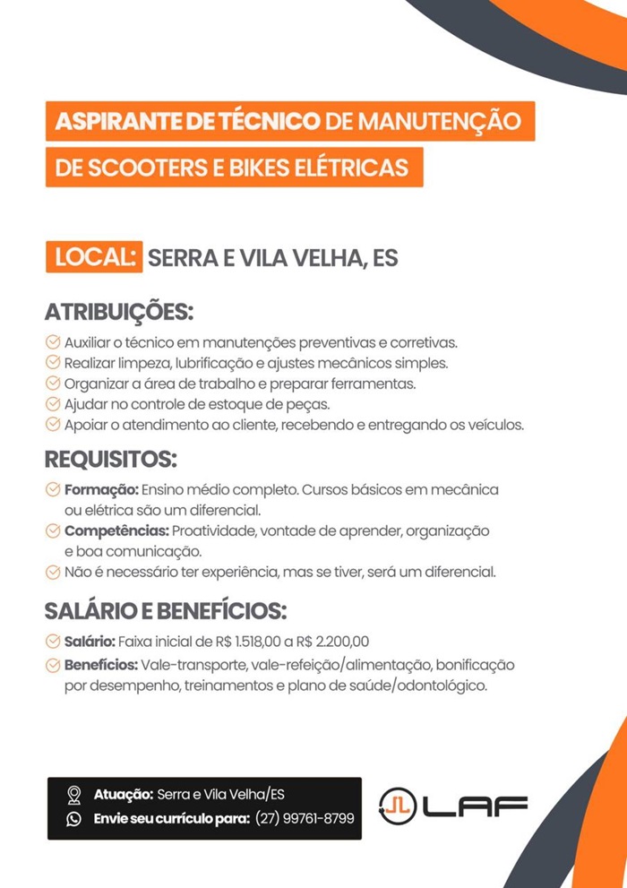 LAF CONTRATA ASPIRANTE DE TÉCNICO DE MANUTENÇÃO DE SCOOTERS E BIKES ELÉTRICAS