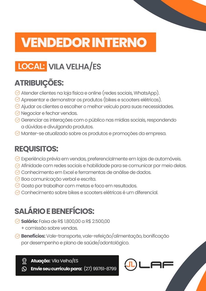 LAF CONTRATA VENDEDOR INTERNO (VILA VELHA)