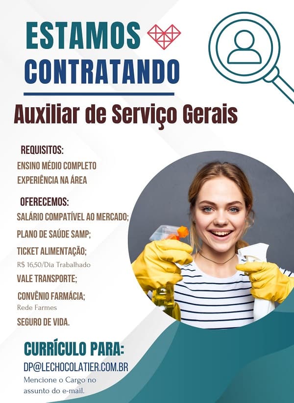 LE CHOCOLATIER CONTRATA AUXILIAR DE SERVIÇOS GERAIS