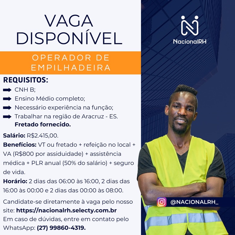 Vaga para Operador de Empilhadeira (Aracruz - ES)
