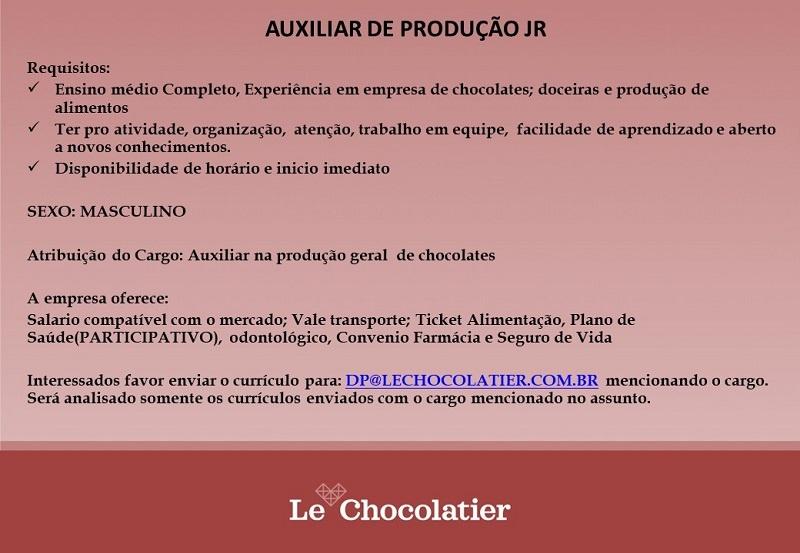 Le Chocolatier contrata Auxiliar de Produção