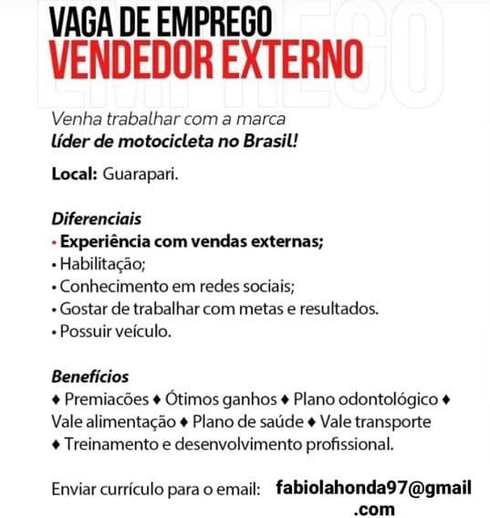 Moto Litoral - Honda contrata Vendedor Externo (Guarapari)