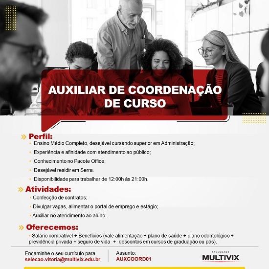 Multivix contrata Auxiliar de Coordenação de Curso (Serra)