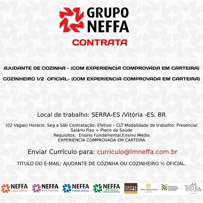 Grupo Neffa contrata Auxiliar de Serviços Gerais e Auxiliar de Serviços Gerais PCD