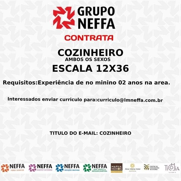 Grupo Neffa contrata Cozinheiro