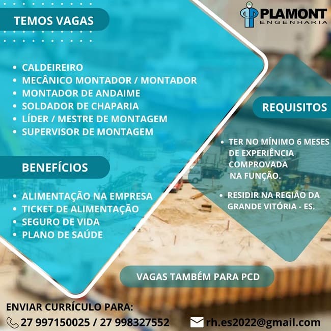 PLAMONT ENGENHARIA ABRE DIVERSAS VAGAS DE EMPREGO