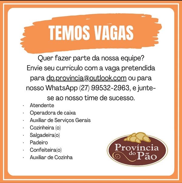 PROVÍNCIA DO PÃO ABRE DIVERSAS VAGAS