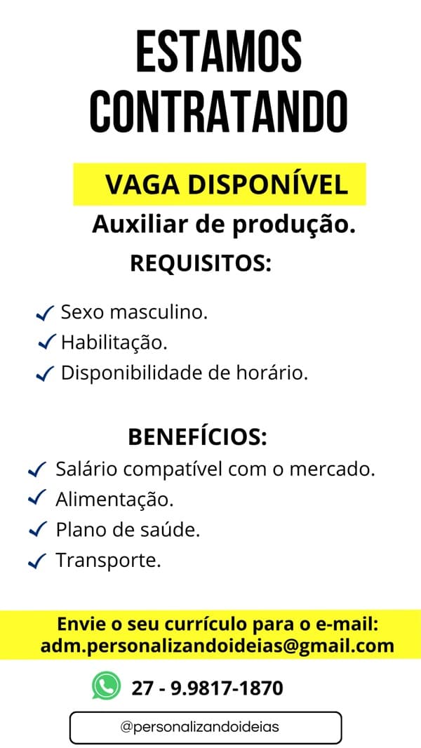 Personalizando Ideias contrata Auxiliar de Produção