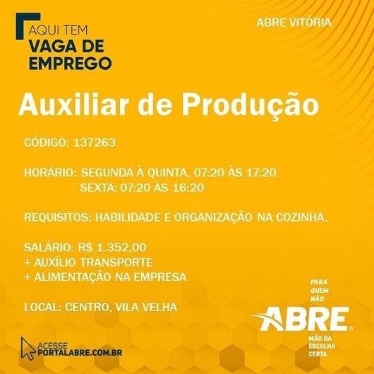 Portal ABRE seleciona Auxiliar de Produção