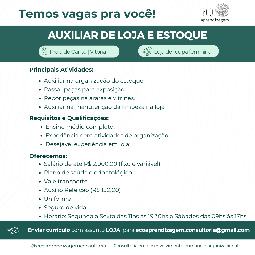 Vaga para Auxiliar de Loja e Estoque (Praia do Canto - Vitória)