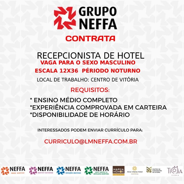 Grupo Neffa contrata Recepcionista de Hotel