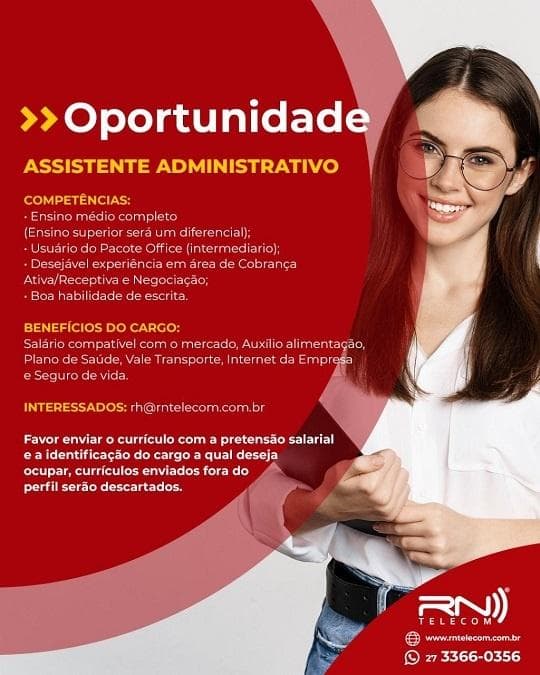 RN TELECOM CONTRATA ASSISTENTE ADMINISTRATIVO