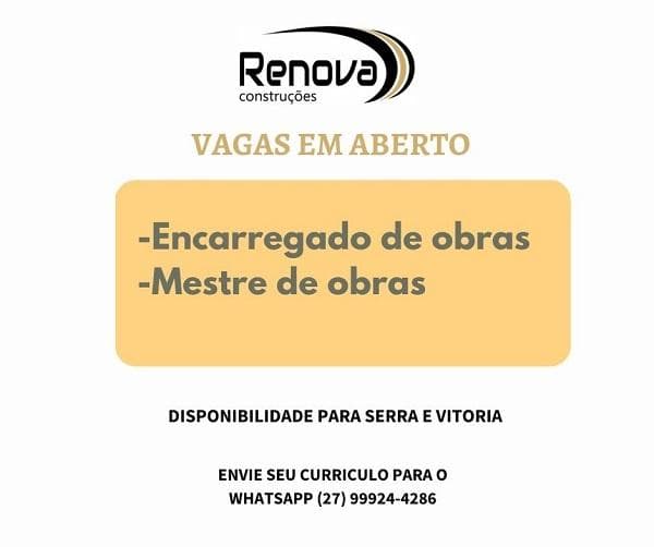 Vagas para Encarregado e Mestre de Obras