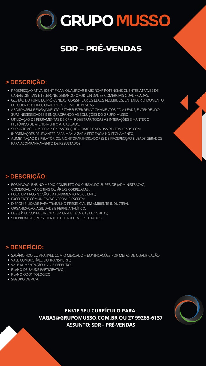 GRUPO MUSSO CONTRATA SDR - PRÉ-VENDAS