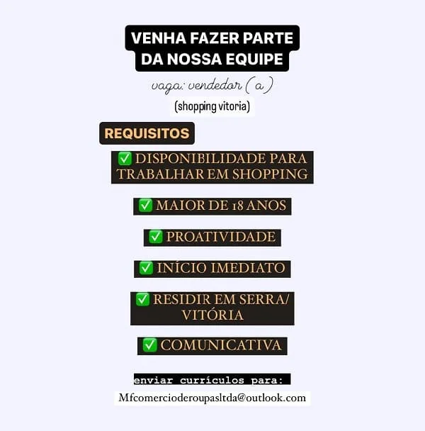 CONSULTOR (A) DE VENDAS (Shopping Vitória)