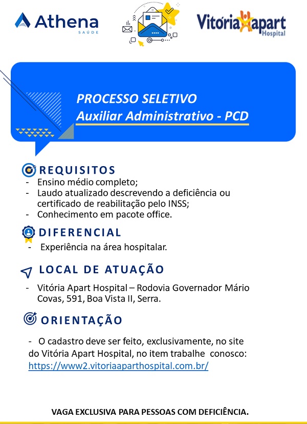 Vitória Apart Hospital contrata Auxiliar Administrativo PCD