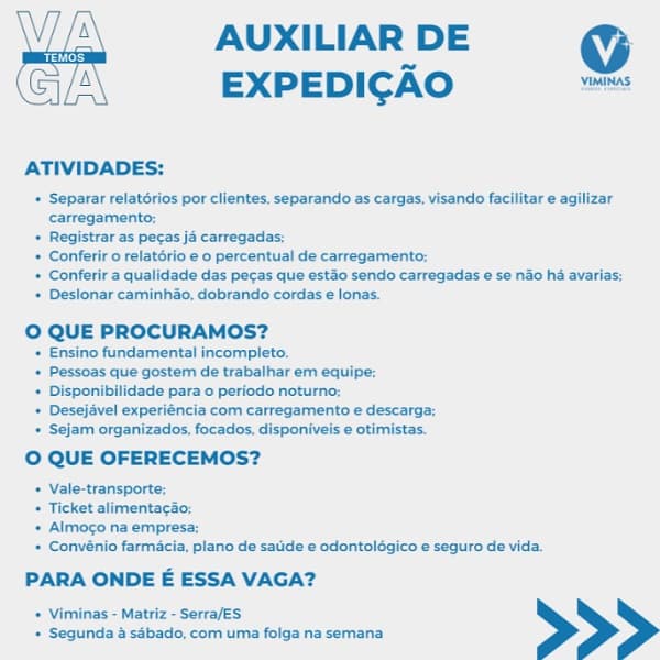 VIMINAS CONTRATA AUXILIAR DE EXPEDIÇÃO