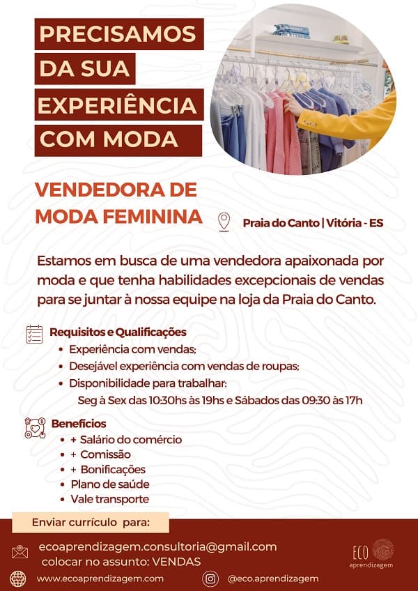 Vendedora para loja de moda feminina 