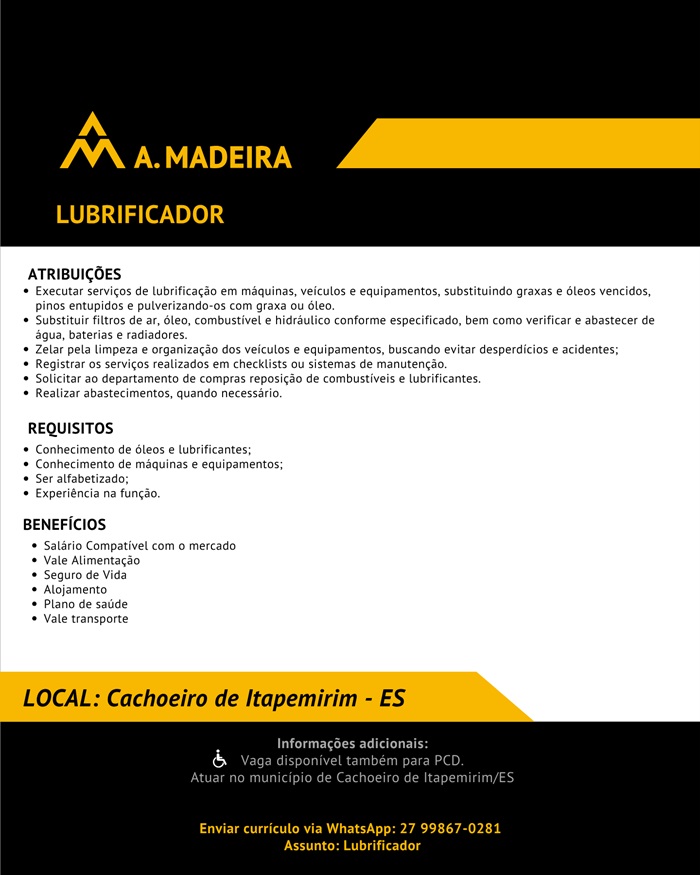 Grupo A. MADEIRA contrata Lubrificador