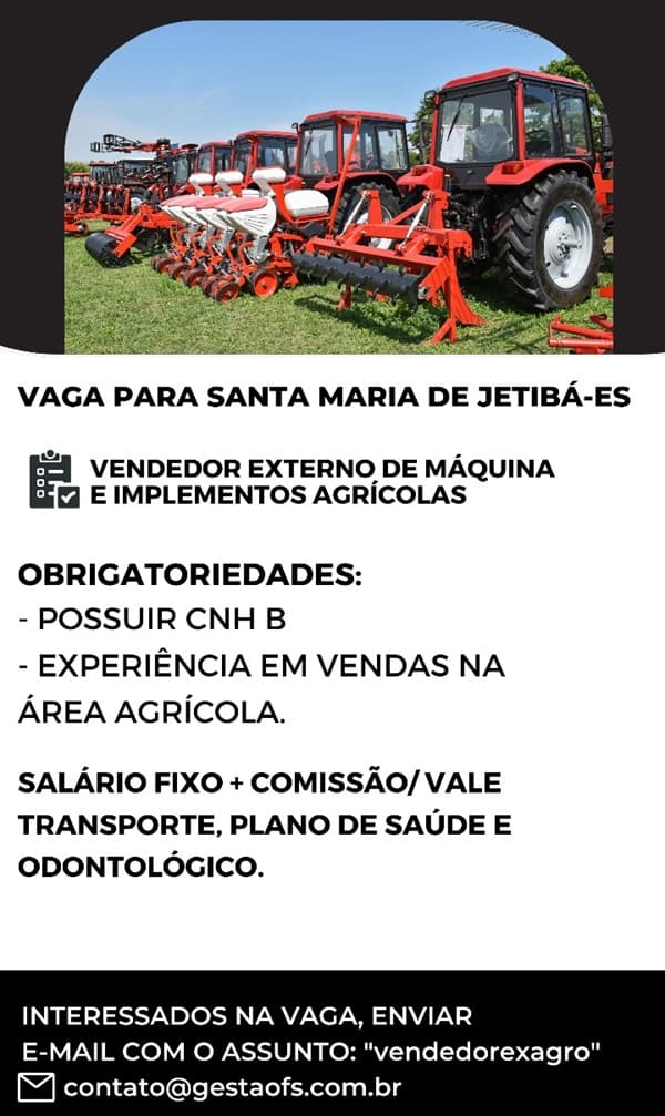 VENDEDOR EXTERNO DE MÁQUINA E IMPLEMENTOS AGRÍCOLAS