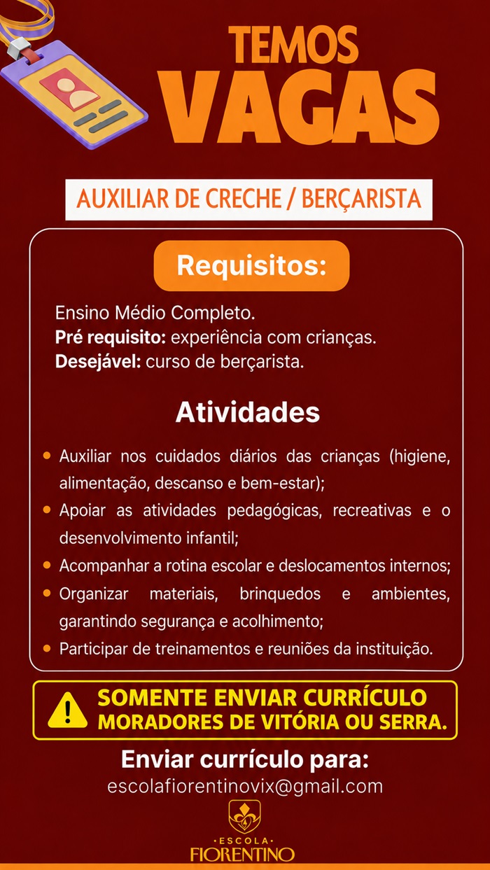 Vaga para Auxiliar de Creche / Berçarista