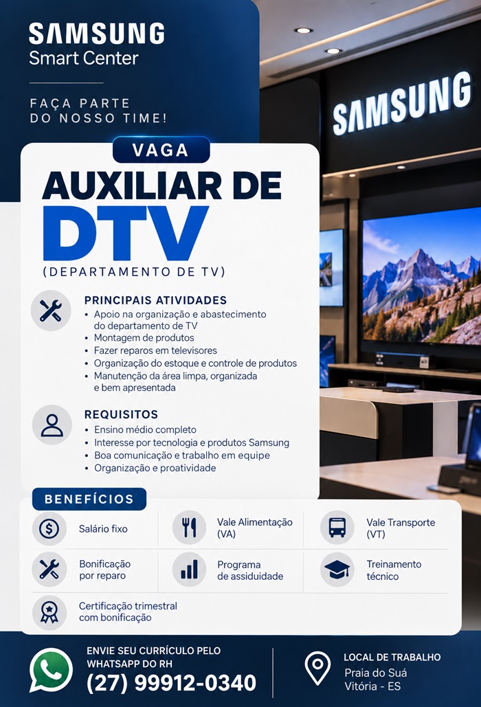 Samsung Smart Center contrata Auxiliar de DTV