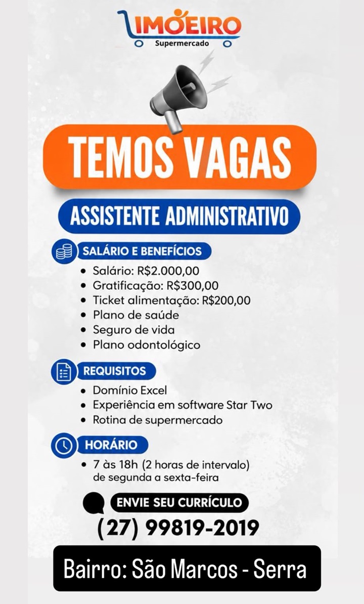 LIMOEIRO SUPERMERCADO CONTRATA ASSISTENTE ADMINISTRATIVO