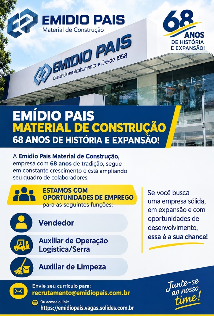 Emídio Pais Material de Construção abre vagas de Emprego