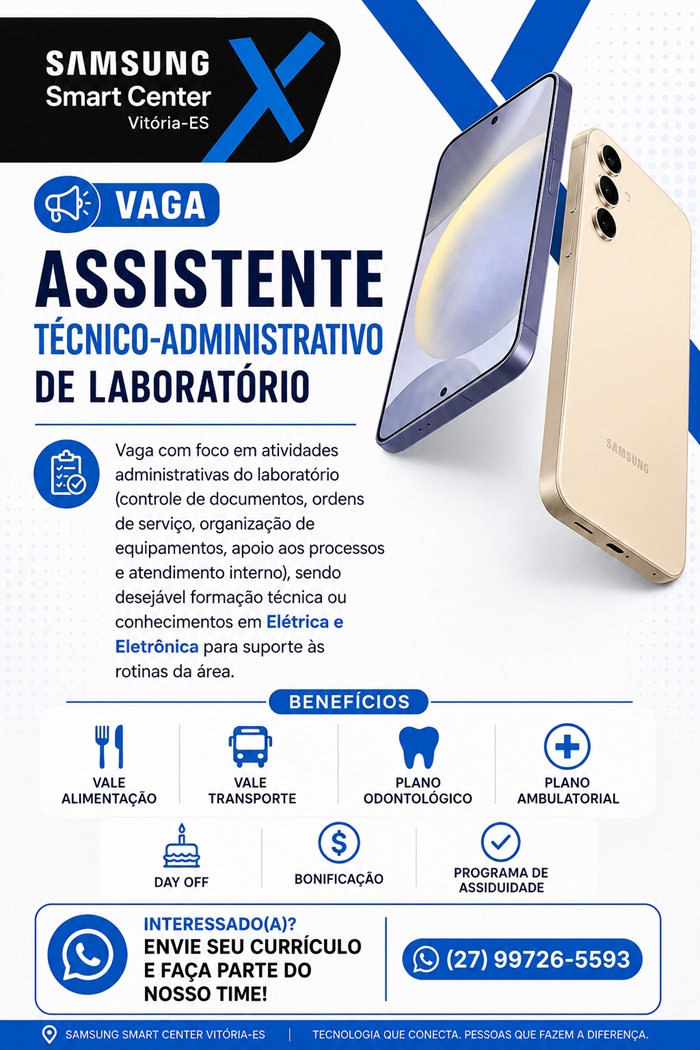 Samsung Smart Center contrata Assistente Técnico-Administrativo de Laboratório