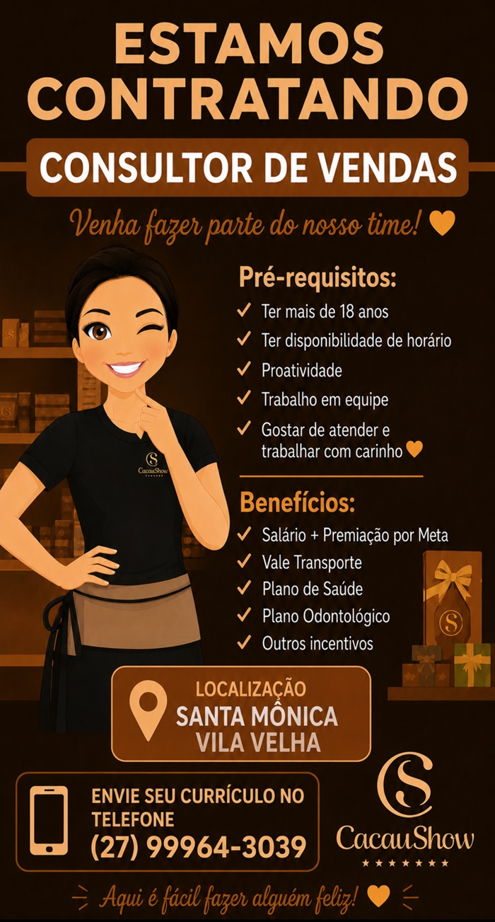 Cacau Show contrata Consultor de Vendas