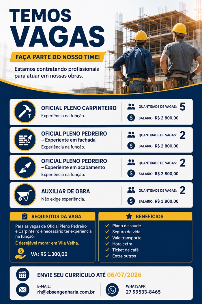 Empresa abre diversas vagas de emprego para a Construção Civil em Vila Velha