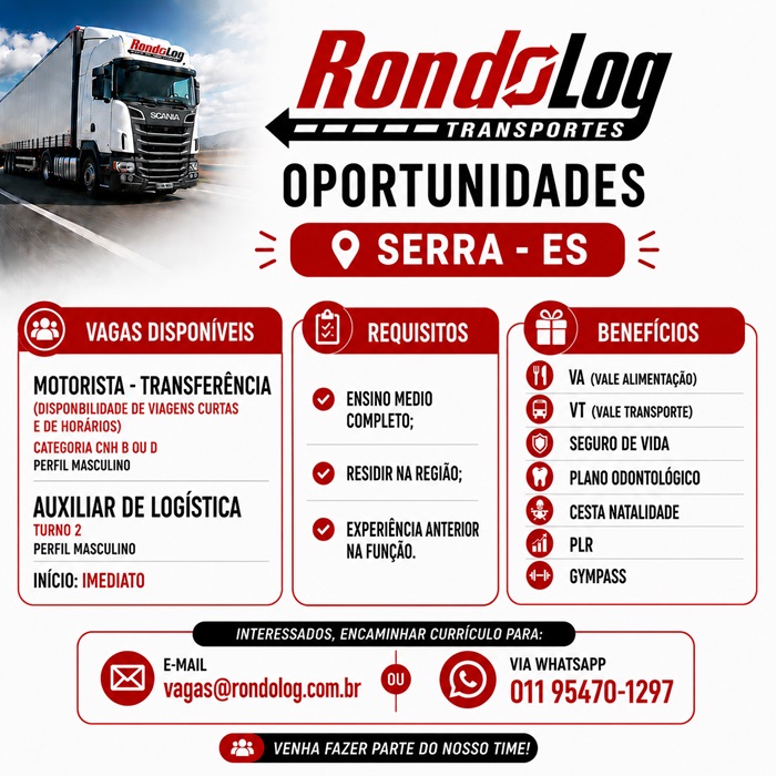 RondoLog Transportes contrata Motorista e Auxiliar de Logística
