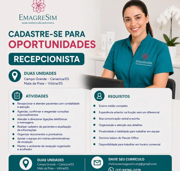 Recepcionista (Auxiliar Comercial) - EmagreSIM - Grande Vitória/ES