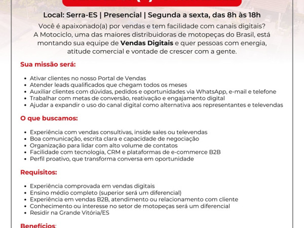 Grupo Motociclo contrata Vendedor (a) - Portal B2B