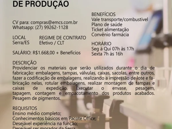 EMCS Indústria contrata Auxiliar de Produção