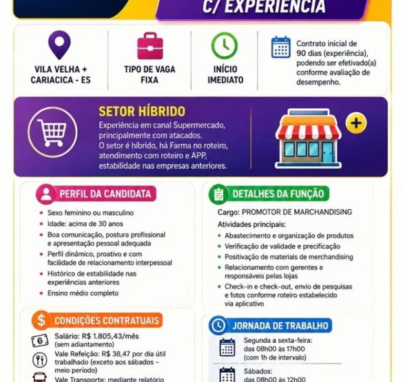 Vaga para Promotor de Merchandising (Com Experiência)