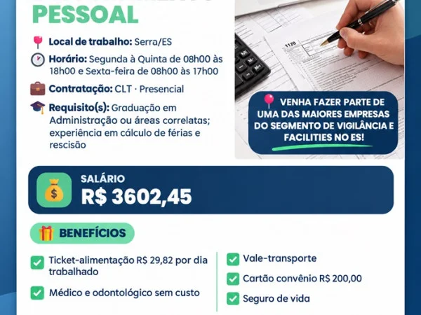 Vaga para Assistente de Departamento Pessoal