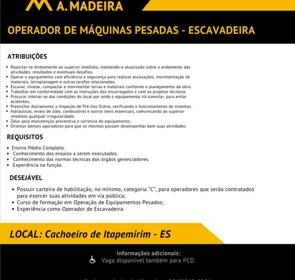 Grupo A. Madeira contrata Operador de Máquinas Pesadas - Escavadeira