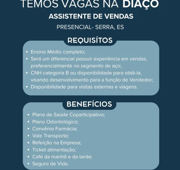 DIAÇO contrata Assistente de Vendas