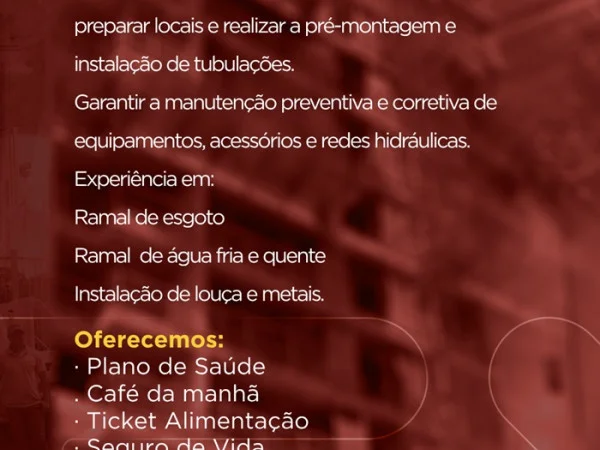 VAGA PARA BOMBEIRO HIDRÁULICO
