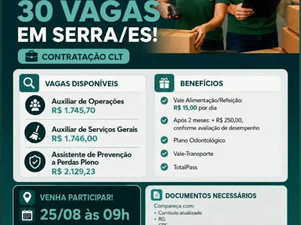 MAIS DE 30 VAGAS EM SERRA/ES | AUXILIAR DE OPERAÇÕES