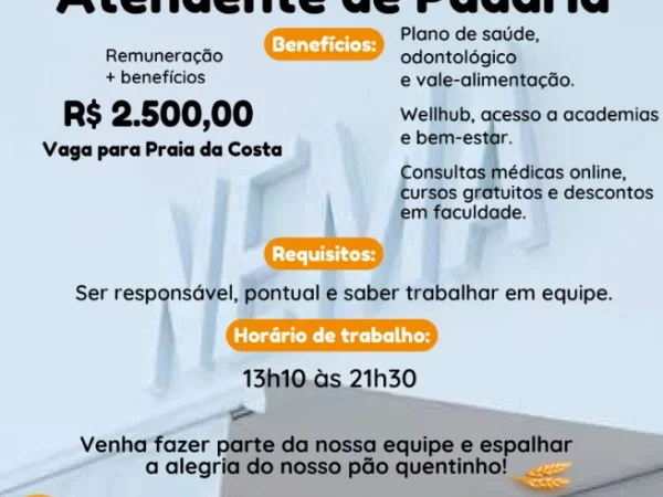 Vaga para Atendente de Padaria | Praia da Costa