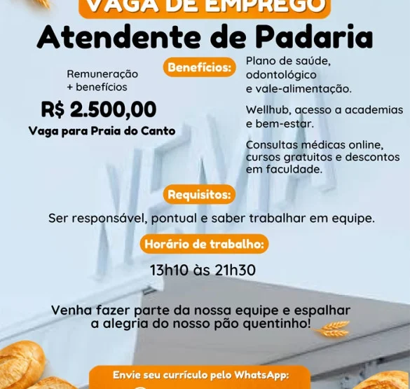 Vaga para Atendente de Padaria | Praia do Canto