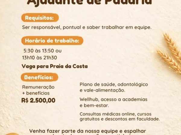 Vaga para Ajudante de Padaria | Praia da Costa