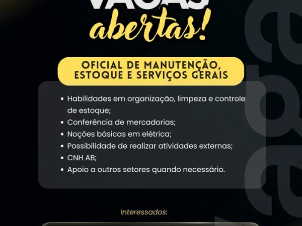 Vaga para Oficial de Manutenção, Estoque e Serviços Gerais